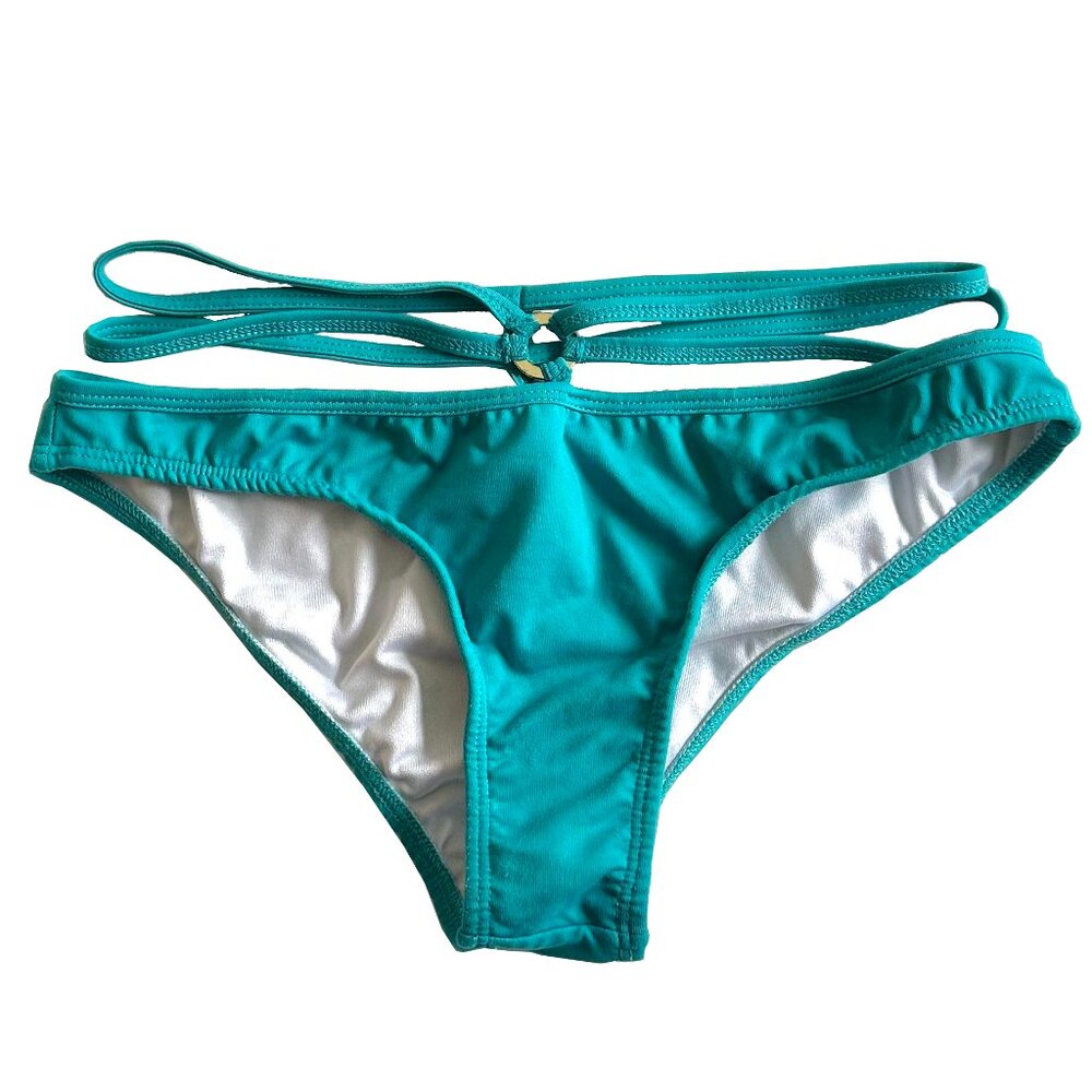 YANDY Teal Cheeky Bikini Bottoms w. Gold Hardware Built in Belt Size L